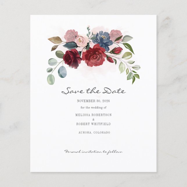 Budget Bloom Burgundy Floral Rustic Save The Date Flyer (Front)