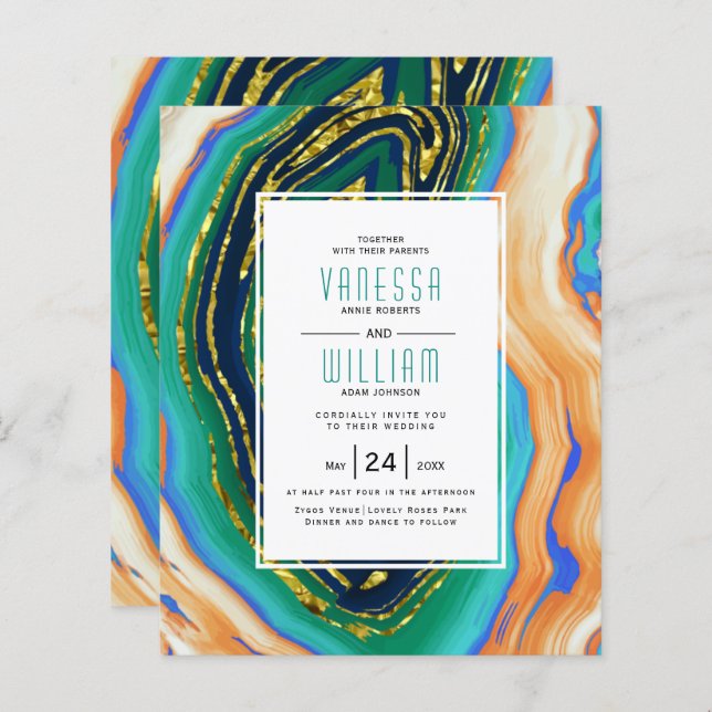 BUDGET blue agate slice gold wedding invitation (Front/Back)