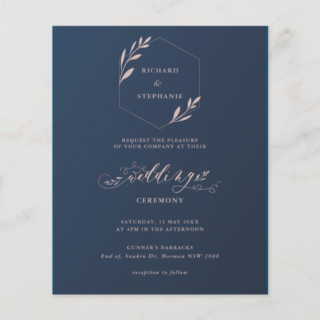 Budget Blue and Pink Foliage Wedding Invitation Flyer (Front)