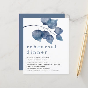 Budget Blue Artsy Foliage Rehearsal Dinner Invite