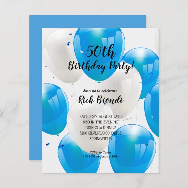 Budget Blue Balloons Birthday Party Invitations (Front/Back)