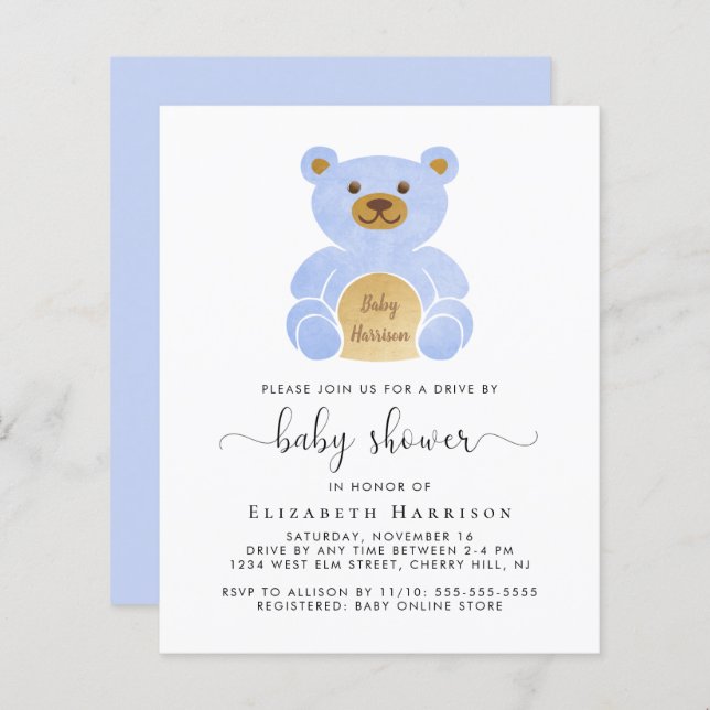 Budget Blue Bear Drive By Baby Shower Invitation (Front/Back)
