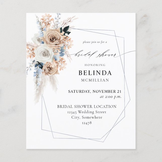 Budget Blue & Beige Boho Floral Bridal Shower Flyer (Front)