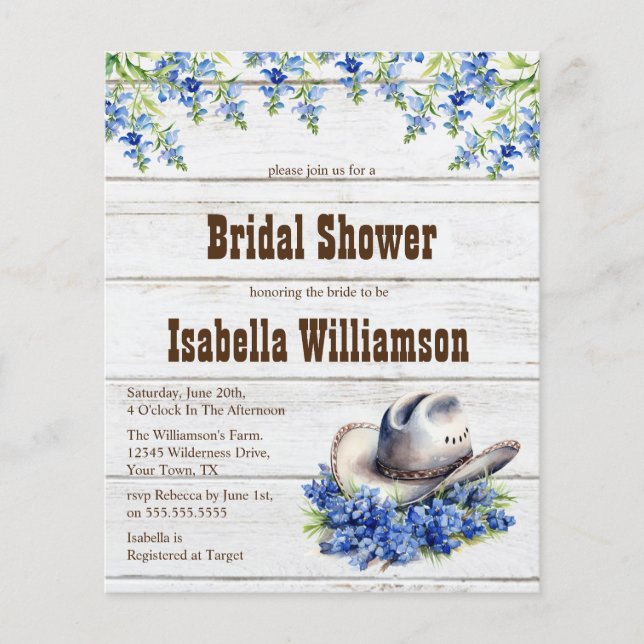Budget Blue Bonnet Whitewash Wood Bridal Shower (Front)