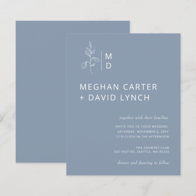Budget Blue Botanical Monogram Wedding  Invitation (Front/Back)