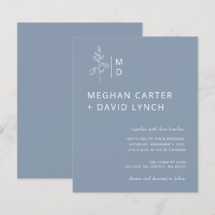 Budget Blue Botanical Monogram Wedding Invitation