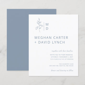 Budget Blue Botanical Monogram Wedding Invitation