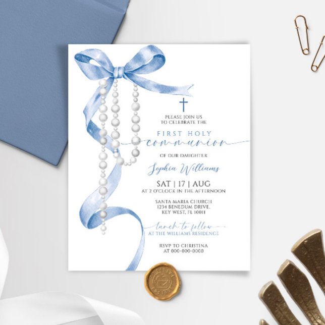 Budget Blue Bow First Communion Invitation (Creator Uploaded)