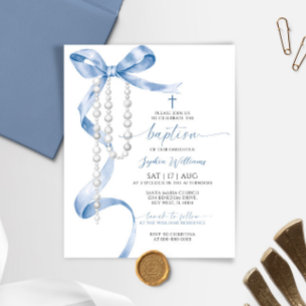 Budget Blue Bow & Rosary Baptism Invitation