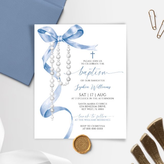 Budget Blue Bow & Rosary Baptism Invitation (Creator Uploaded)