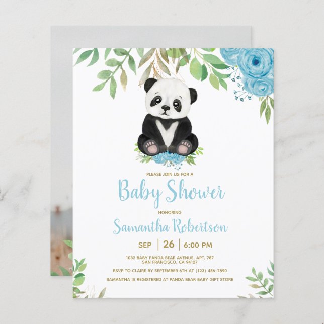Budget Blue Boy Bear Floral Baby Shower Invitation (Front/Back)