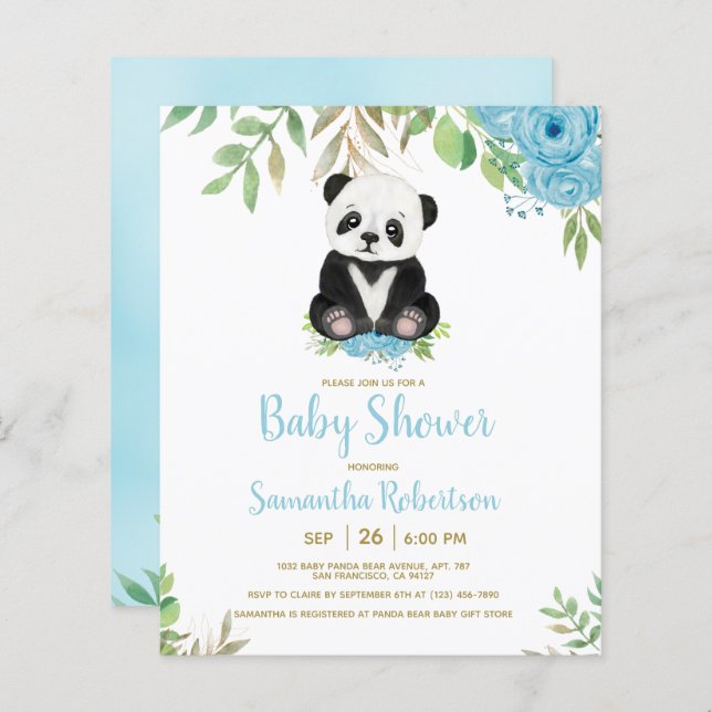 Budget Blue Boy Bear Greenery Shower Invitation (Front/Back)