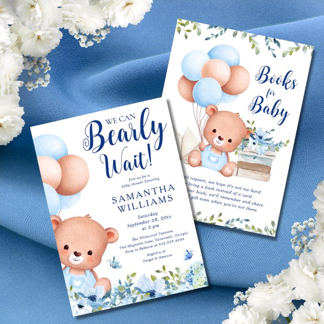 Budget Blue Boy Teddy Bear Books for Baby Shower Invitation (This baby shower invitation features a cut teddy bear and blue balloons surrounded by wildflowers.)