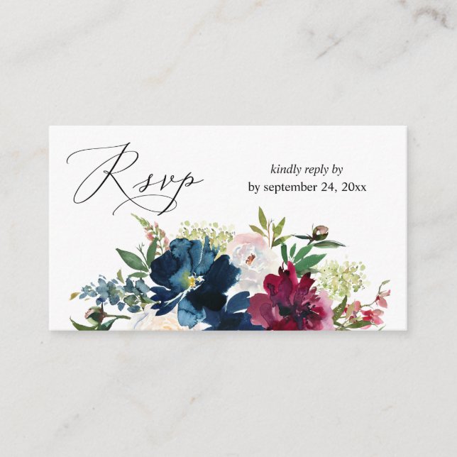 Budget Blue, Burgundy & White Floral 2SM Meal RSVP Enclosure Card (Front)