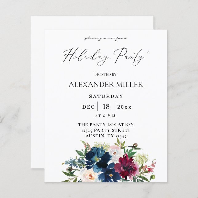 Budget Blue, Burgundy & White Floral Holiday Party (Front/Back)