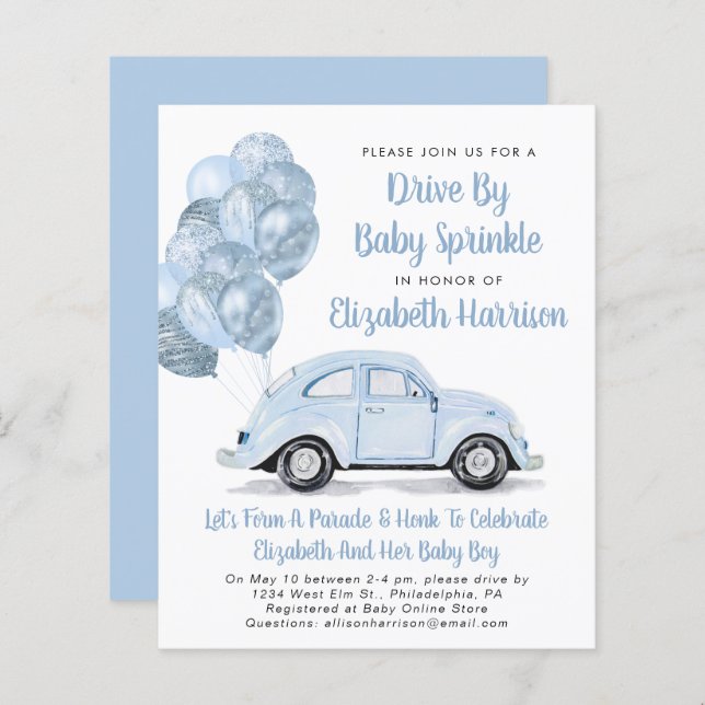 Budget Blue Car Drive By Baby Sprinkle Invitation (Front/Back)