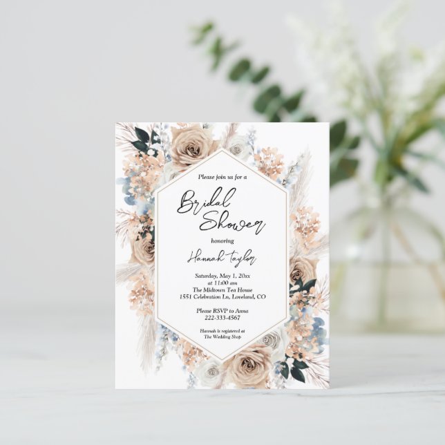 Budget Blue Champagne Floral Bridal Shower Invite (Standing Front)