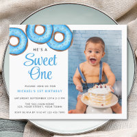 Budget Blue Doughnut Photo Boy's 1st Birthday Invi