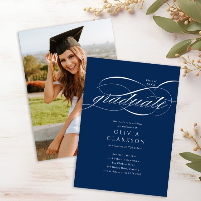 Budget Blue Elegant Script Photo Graduation Party Invitation (Creator Uploaded)