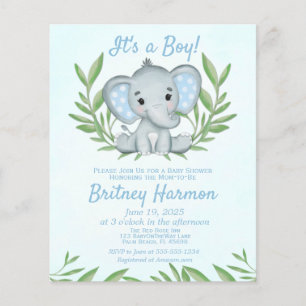 Budget Blue Elephant Boy Baby Shower Invitation Flyer