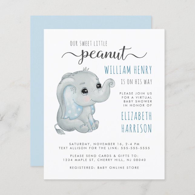 Budget Blue Elephant Virtual Baby Boy Shower (Front/Back)