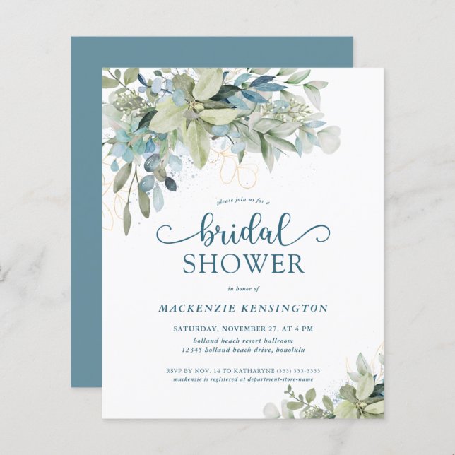 BUDGET Blue Eucalyptus Bridal Shower Invitation (Front/Back)
