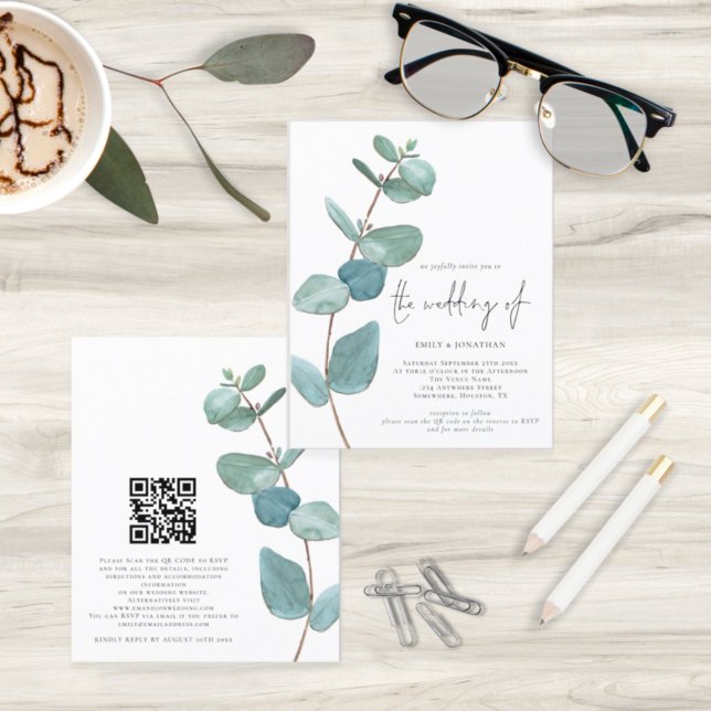 Budget Blue Eucalyptus QR Code Wedding Invitation (Creator Uploaded)
