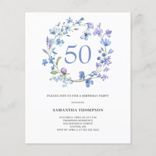 Budget Blue Floral 50th Birthday Invitation
