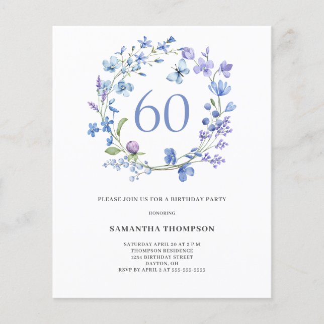 Budget Blue Floral 60th Birthday Invitation (Front)