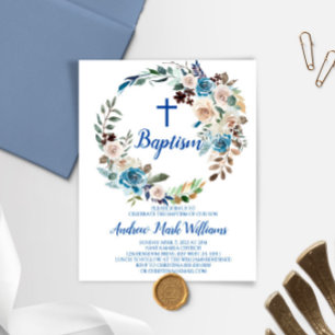 Budget Blue Floral Baby Boy Baptism Invitation