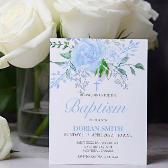 Budget Blue Floral Baptism Boy Invitation (Creator Uploaded)