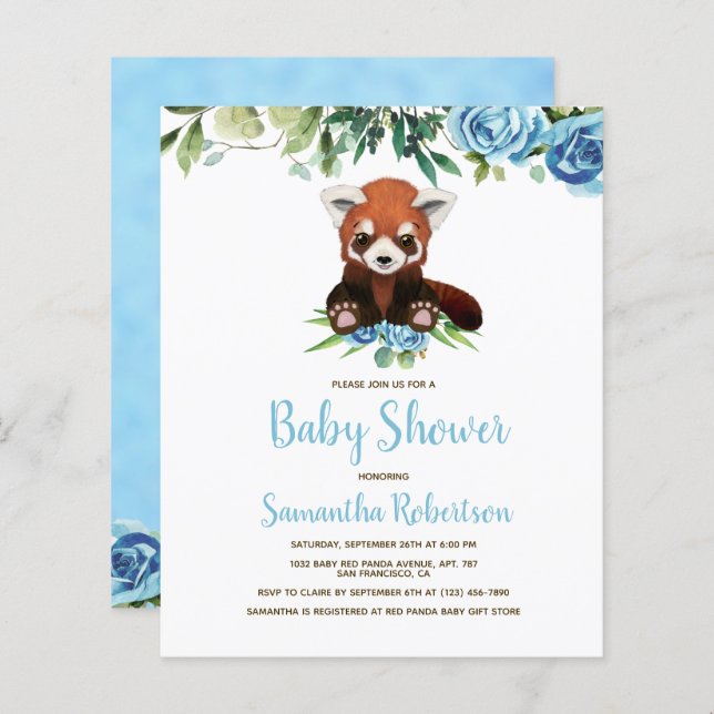 Budget Blue Floral Bear Boy Baby Shower Invitation (Front/Back)