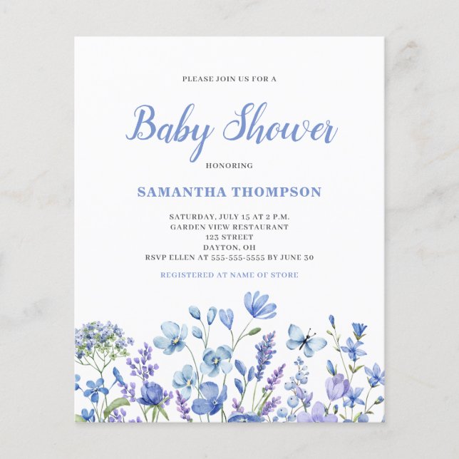 Budget Blue Floral Boy Baby Shower Invitation Flyer (Front)