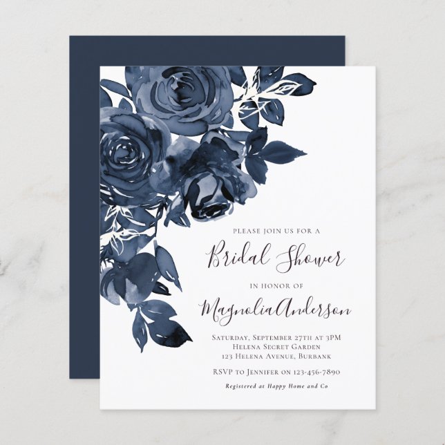 Budget Blue Floral Bridal Shower Invitation (Front/Back)