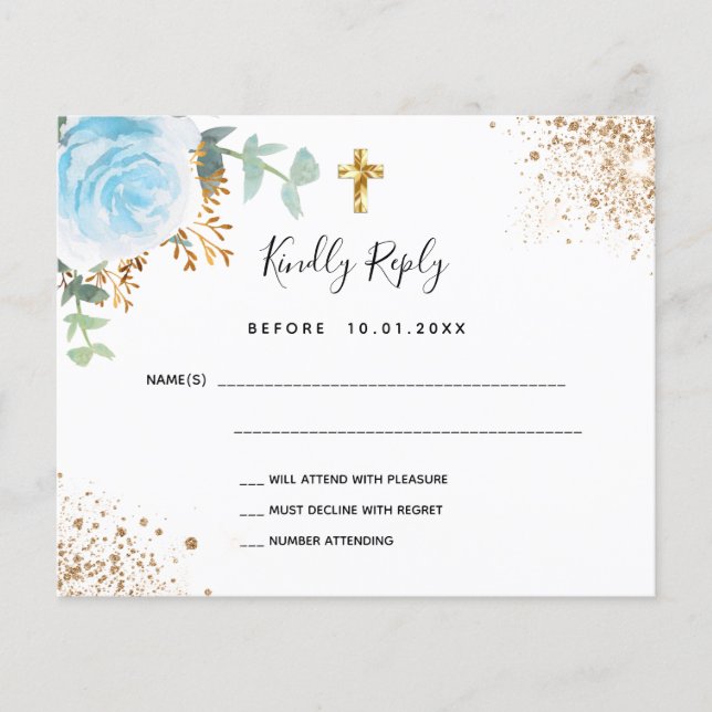 Budget blue floral eucalyptus baptism RSVP (Front)