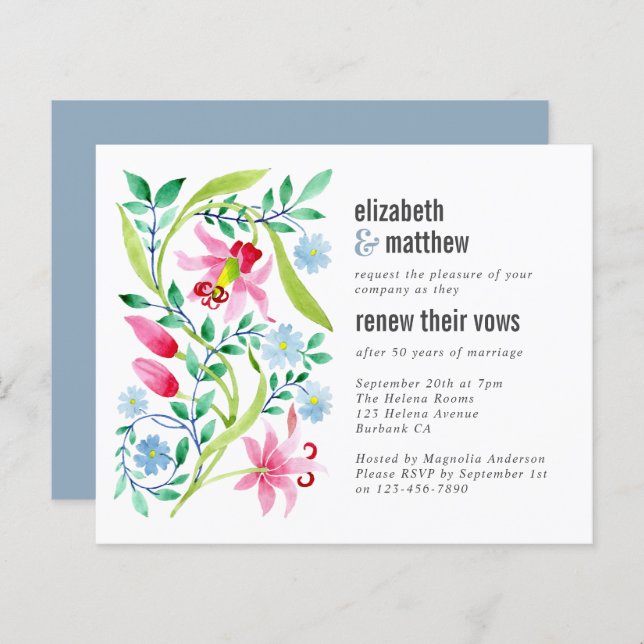 Budget Blue Floral Vow Renewal Invitation (Front/Back)