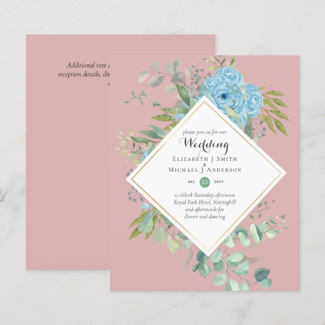 BUDGET Blue Floral Wedding Invitations Eucalyptus (Front/Back)