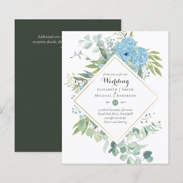 BUDGET Blue Floral Wedding Invitations Eucalyptus (Front/Back)