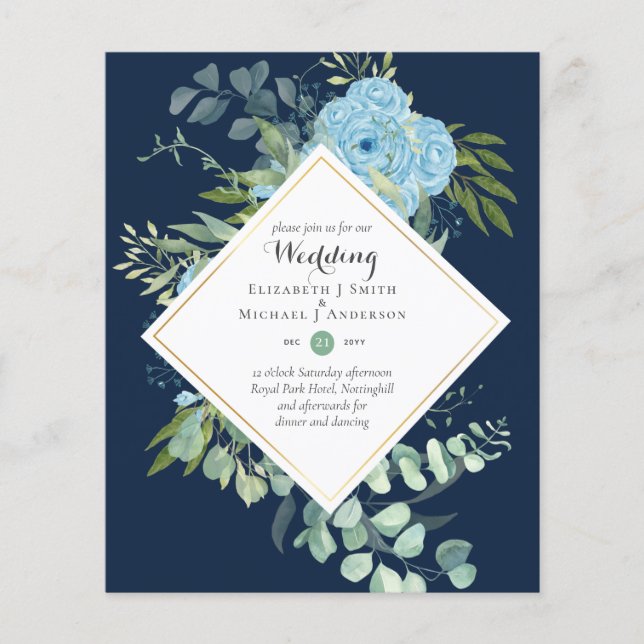 BUDGET Blue Floral Wedding Invitations Eucalyptus Flyer (Front)