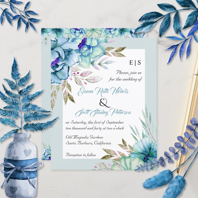 BUDGET blue flowers QR code wedding invitation (Creator Uploaded)