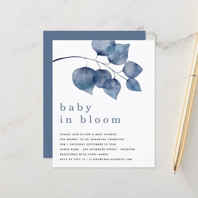 BUDGET Blue Foliage Baby In Bloom Shower Invite (Front/Back In Situ)