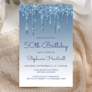 Budget Blue Glitter Drip 50th Birthday Invite