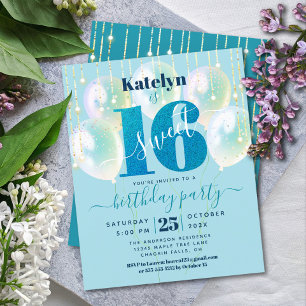 Budget Blue Glitter Sweet 16 Balloons Invitation
