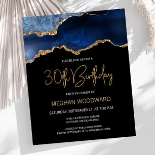 Budget Blue Gold Agate 30th Birthday Invitation