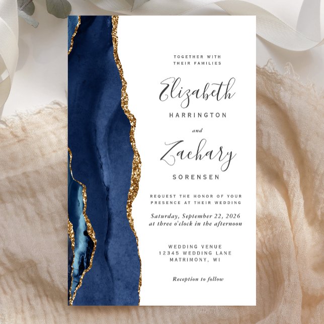 Budget Blue Gold Agate Modern Wedding Invitation (Creator Uploaded)