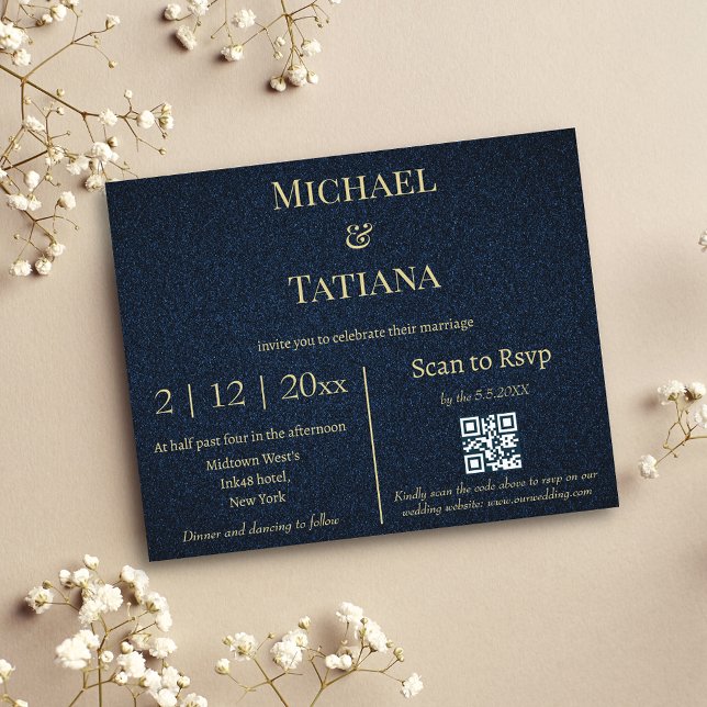 budget blue gold rsvp qr code wedding invitation  (Creator Uploaded)