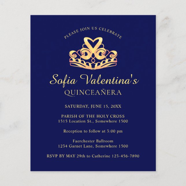 Budget Blue Gold Tiara Quinceanera Invitation (Front)