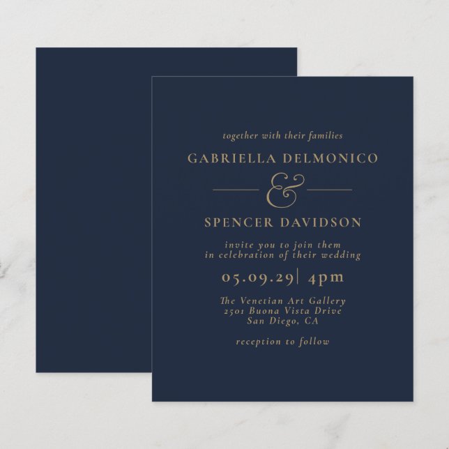 BUDGET  Blue Gold Wedding Invitation (Front/Back)
