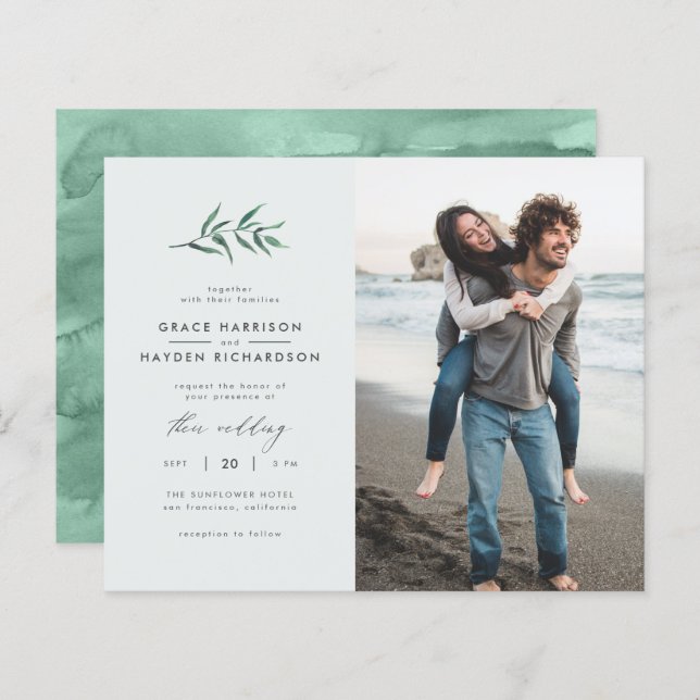 Budget Blue Green Branch Wedding Photo Invitation (Front/Back)