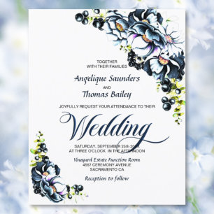 Budget Blue Grey Floral Wedding Invitation